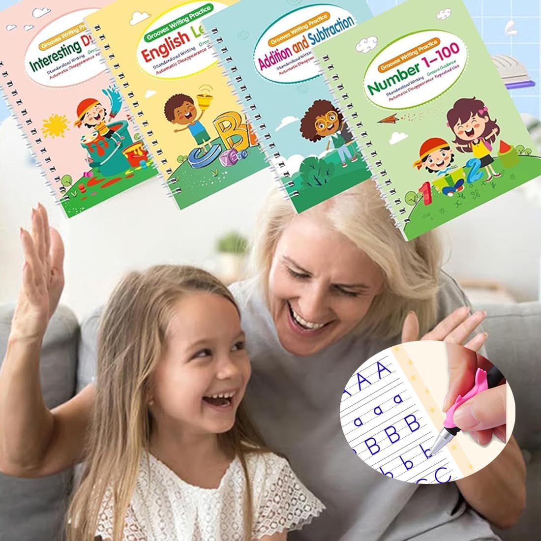Motor Magic Workbooks, Your Little Explorer Magic Grooved Books, 4 PCS Handwriting Practice Copybook W/10 Replacement Refills+1 Pen+1 Pencil Grip, Handwriting Practice (2Set)