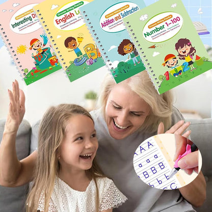 Motor Magic Workbooks, Your Little Explorer Magic Grooved Books, 4 PCS Handwriting Practice Copybook W/10 Replacement Refills+1 Pen+1 Pencil Grip, Handwriting Practice (2Set)