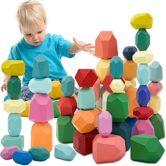 MEGRANATE 58PCS Montessori Wooden Stacking Rocks Toys Colorful Stacking Stones Building Blocks Games Sensory Toy for Toddlers Educational Learning Toys for 3+ Years Old Kids