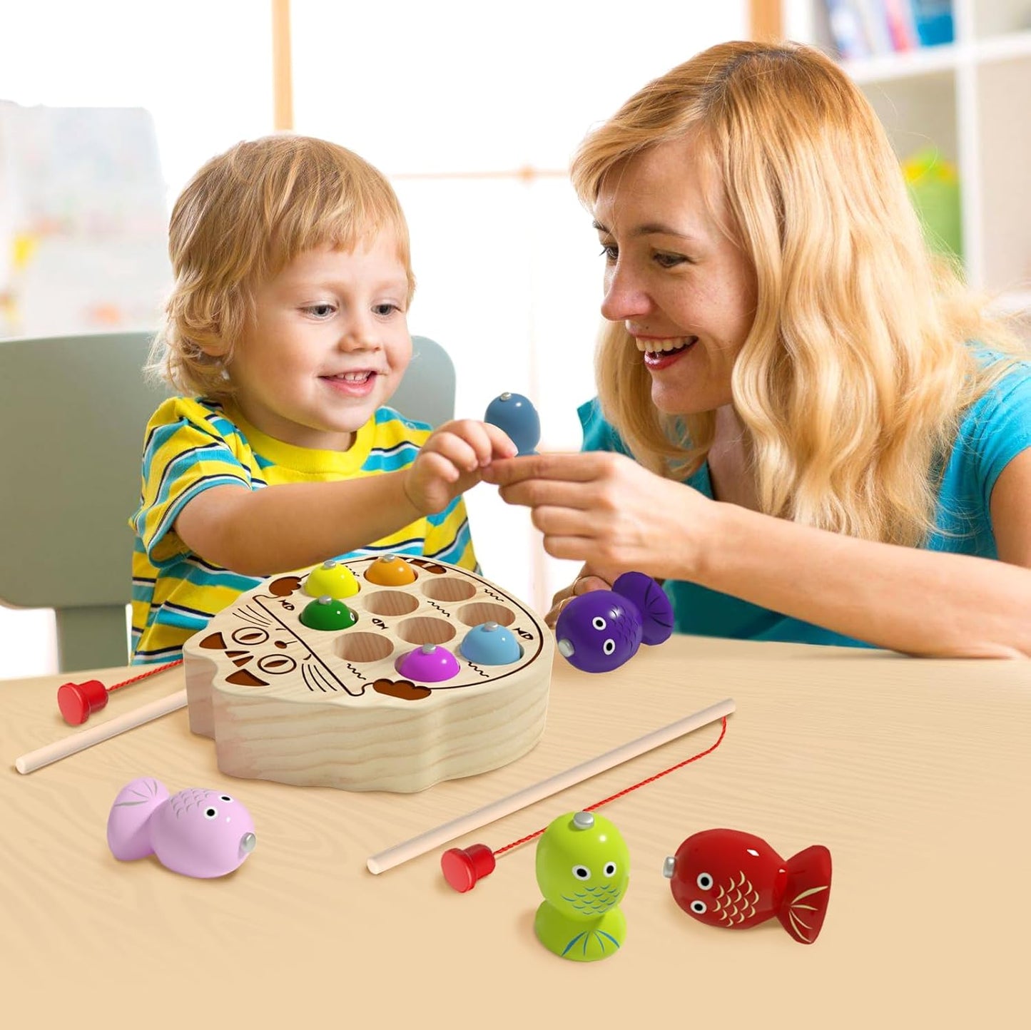 Wooden Magnetic Fishing Game for Toddlers 1-3, Montessori Sensory Busy Board Fine Motor Skills Toys for 1 2 3 Years Old Boys Girls (Frog B-Fish Game)