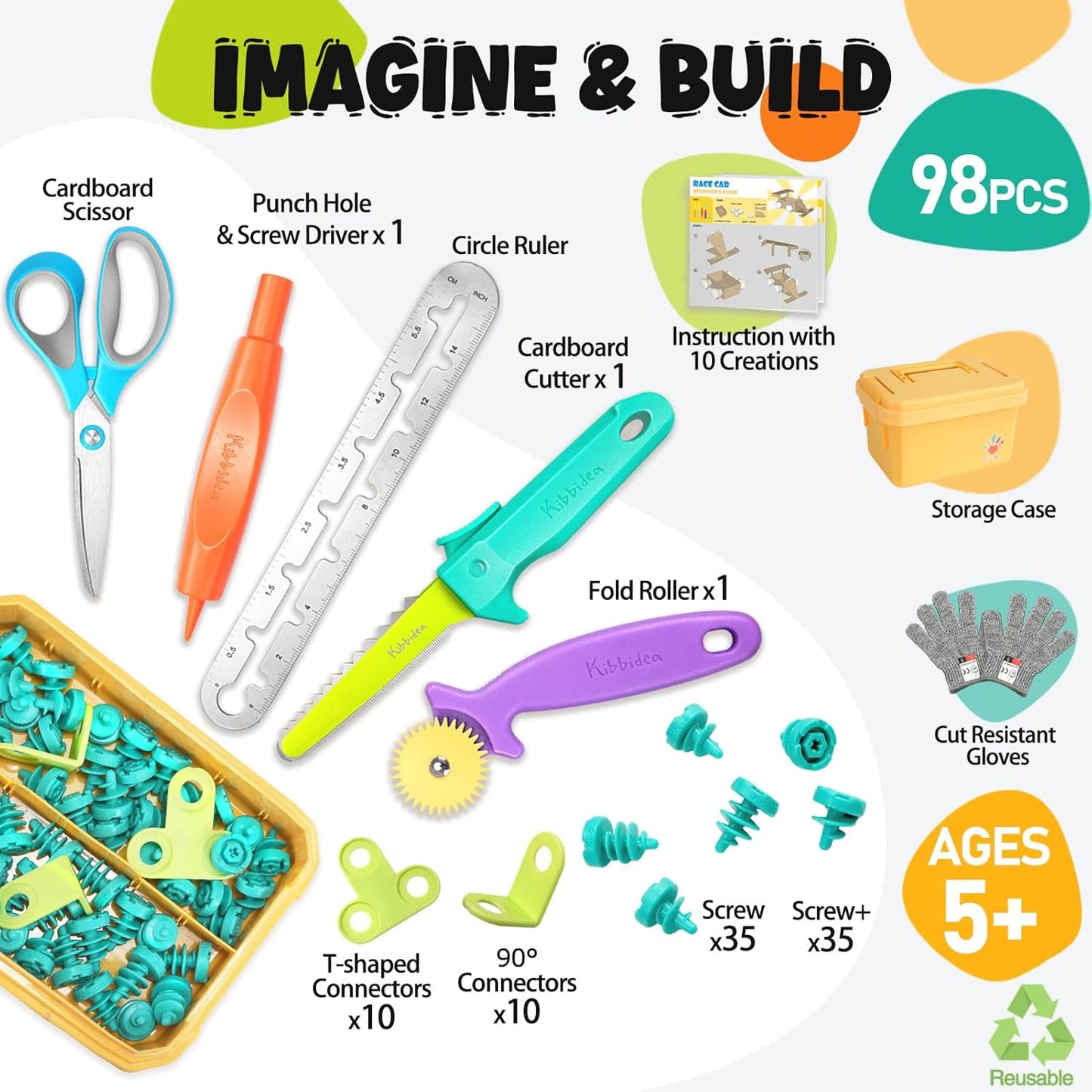 Kibbidea Cardboard Cutter for Kids with Screws &Tool Box, 170PCS Cardboard Construction Tool Kit, STEM Resuable Building Toys for Boys and Girls, Engineering & Creativity（Aged 5+）
