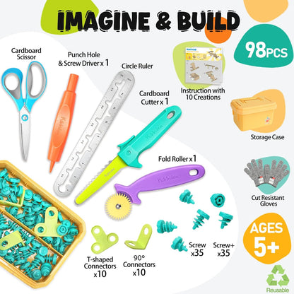Kibbidea Cardboard Cutter for Kids with Screws &Tool Box, 170PCS Cardboard Construction Tool Kit, STEM Resuable Building Toys for Boys and Girls, Engineering & Creativity（Aged 5+）