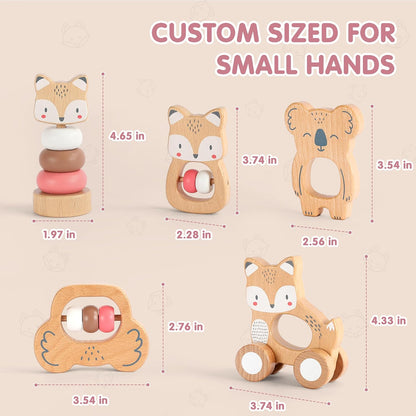 FReniland Wooden Montessori Baby Toys Set, 5-Piece Newborn Gift Set with Koala Rattle, Fox Stacking Rings & Push-Pull Toy for Boys and Girls