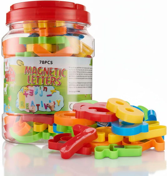 JoyLearn 78 Pieces Magnetic Letters and Numbers Alphabet Fridge Magnets ABC 123 Colorful Plastic Uppercase Lowercase Educational Toy Set with Math Symbols for Kids (78 PCS)