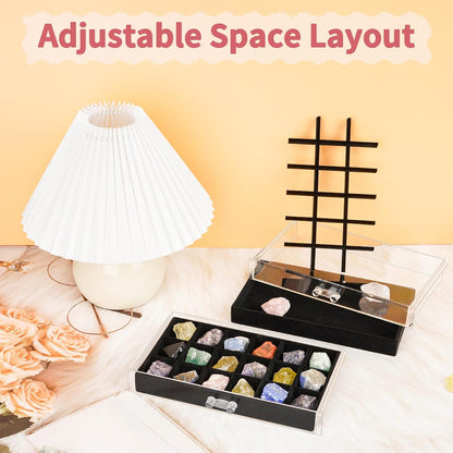 Bfttlity Acrylic Rock Display Case,54 Grids Rock Collection Box for Kids with Mini Magnifying Glass and Gloves, Clear Display Cases for Stones Collectibles Gemstone Crystals Storage Boxes