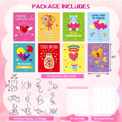 Fancy Land 24 Pack Valentines Gifts for Kids Classroom Metal Puzzles Brain Teasers Kids Valentines Day Cards for School Exchange Gifts Party Favors