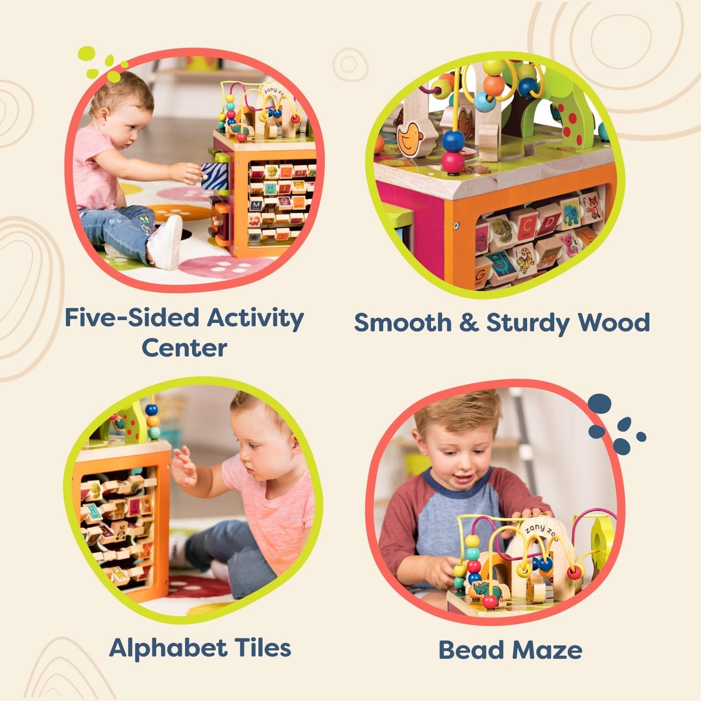 B. toys – Tabletop Activity Cube – Educational Storybook Included – Wooden Shape Sorter, Bead Maze, Animal Tiles – Top Flips for Compact Storage – 12+ Months – Lil' Learning Cube