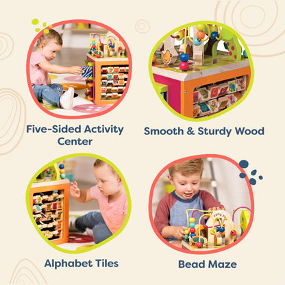 B. toys – Tabletop Activity Cube – Educational Storybook Included – Wooden Shape Sorter, Bead Maze, Animal Tiles – Top Flips for Compact Storage – 12+ Months – Lil' Learning Cube