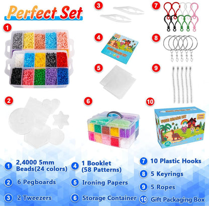 Meland Fuse Beads - 24000pcs Fuse Beads Kit for Kids, 24 Color 5MM Iron Beads Set with 4 Fluorescence Color, 6 Pegboards - Craft Kits Gifts for Birthday Christmas