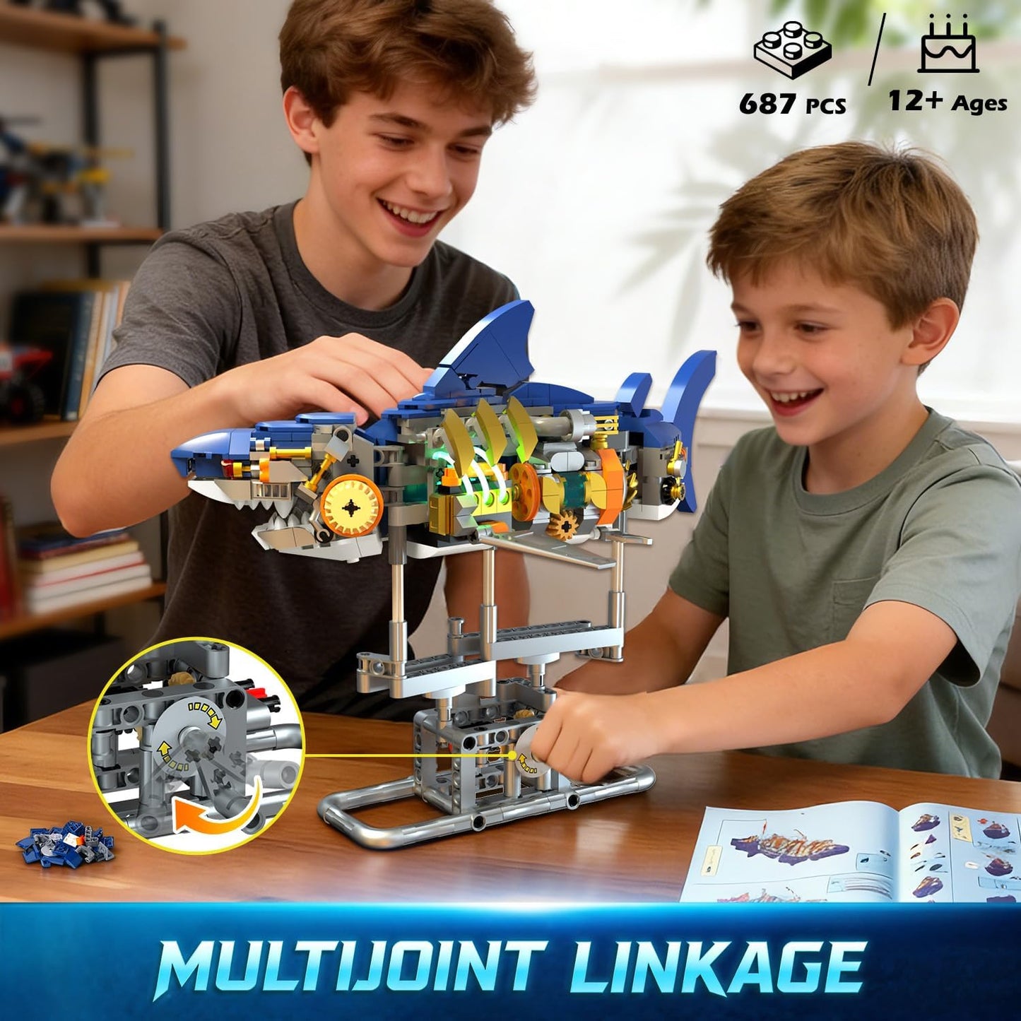 INSOON Mechanical Shark Building Set with LED Light, 687 PCS Movable Ocean Animal with Display Stand, Sea Fish Building Block Toy, Home Decor Gift for Adults Teens Kids Boys Ages 12+