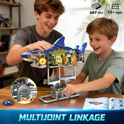INSOON Mechanical Shark Building Set with LED Light, 687 PCS Movable Ocean Animal with Display Stand, Sea Fish Building Block Toy, Home Decor Gift for Adults Teens Kids Boys Ages 12+