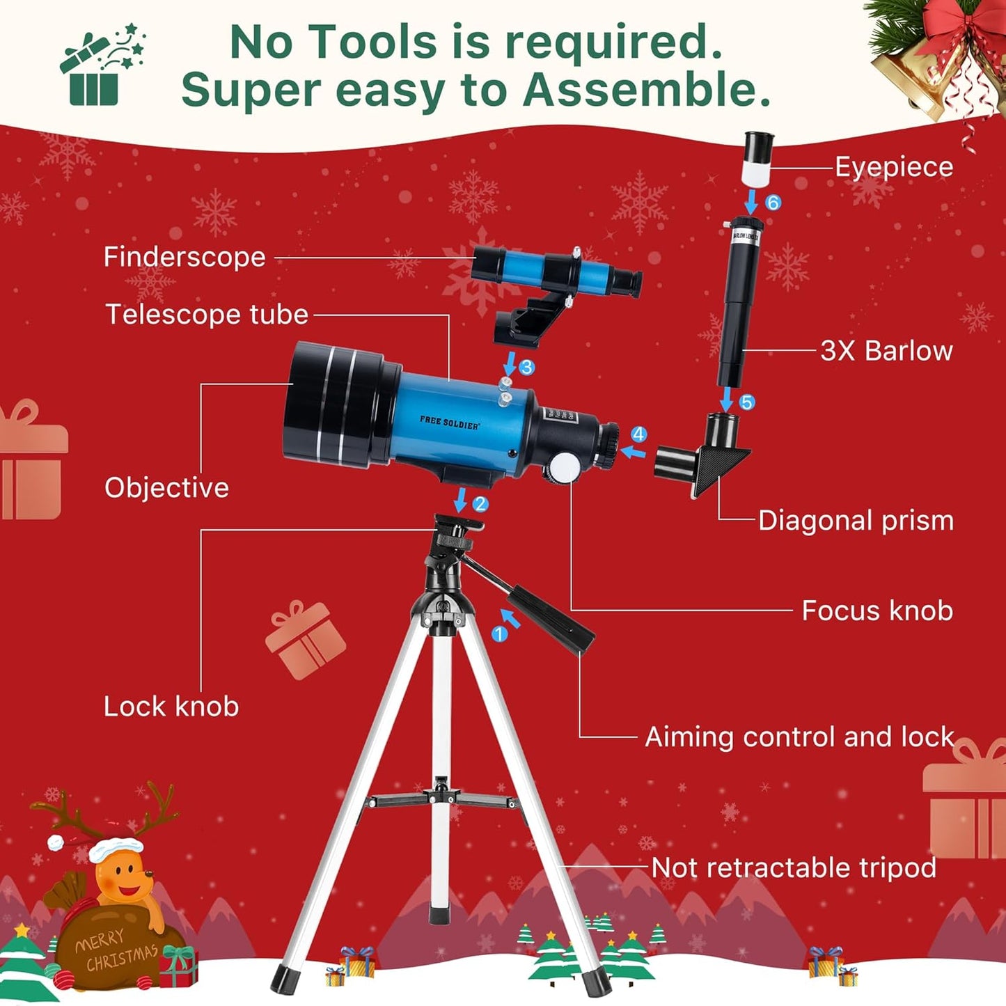 FREE SOLDIER Telescope for Kids 70mm Aperture Astronomical Refractor Telescopes for Beginners (15X-150X) 300mm Telescope for Adults High Powered with A Phone Adapter & A Wireless Remote (White)
