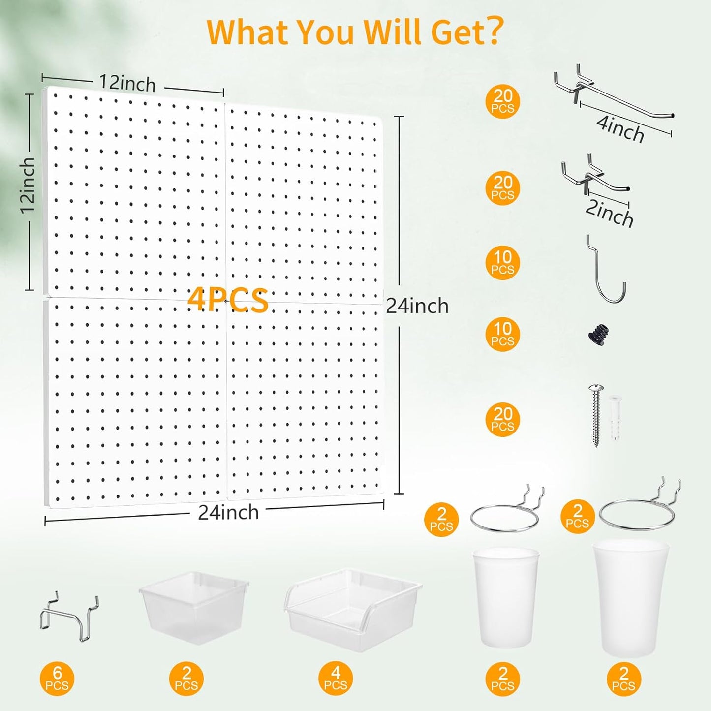 Peg Board, 4PCS Metal Pegboard Wall Organizer. Heavy Duty Pegboard, Peg Boards, Pegboard for Walls, White Pegboard for Garage Craft Room Workbench Office Kitchen Tool Organization, 12"*12"