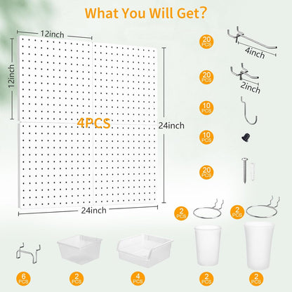 Peg Board, 4PCS Metal Pegboard Wall Organizer. Heavy Duty Pegboard, Peg Boards, Pegboard for Walls, White Pegboard for Garage Craft Room Workbench Office Kitchen Tool Organization, 12"*12"