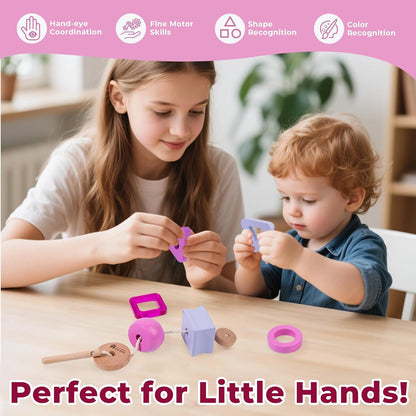 Blue Montessori Stringing Beads Set, Montessori Wooden Beads Threading Toy for Toddlers 1 2 3 Years Old, Fine Motor Skills Educational Learning Toys for Preschool Kids Gifts (Purple)
