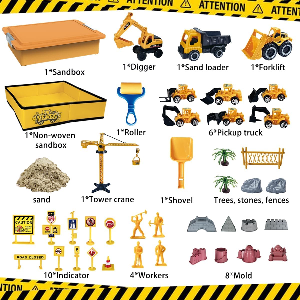 Construction Sensory Sand Kit - 42 PCS Building Set with 2lbs Magic Sand, 9 Construction Trucks, Foldable Roof Sandbox, Cranes, Road Signs & Tools | STEM Gift for Boys Ages 3-8