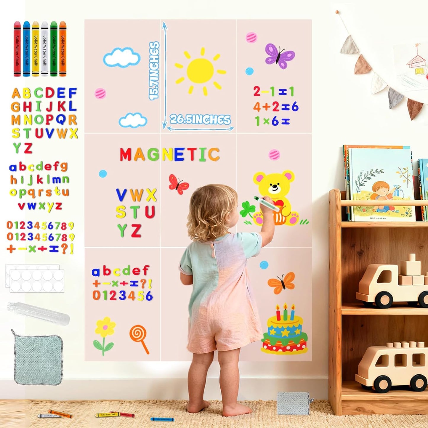 8 PCS Magnetic Wall Decals for Kids Magnetic Chalkboard Peel and Stick Magnet Sheets Board Sticker Tangram Puzzle Self Adhesive Contact Paper Dry Erase Blackboard for Playroom Homeschool 15.7"x10.4"
