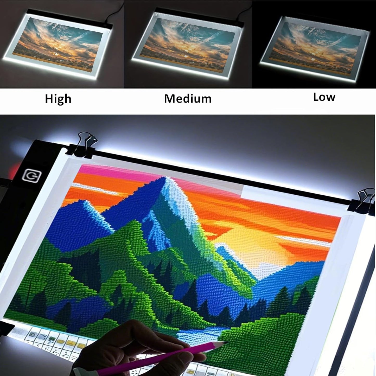 A3 LED Light Pad for Diamond Art, Sketching, Painting - Adjustable Brightness, Sketching, Tracing - USB Powered Complete Art Light Board Kit with Pad Stands and Clips
