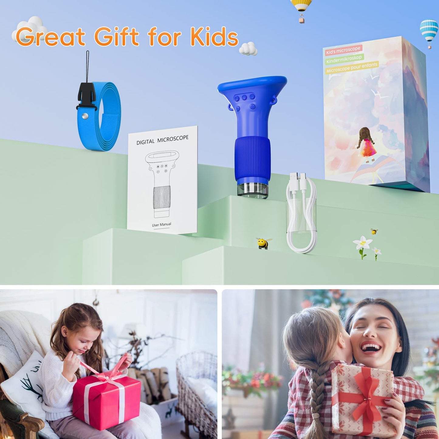 Microscope for Kids, SKYBASIC 2" IPS Screen 1000X Handheld Digital Microscopes HD Pocket Portable Mini USB Microscope Camera, PC Compatible, Science Edu Fun Birthday Gifts Toys for Children Students