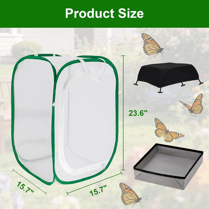 Butterfly & Insect Habitat Cage 24" x 24" x 36", Extra Large Butterfly Enclosure with Poop Tray for Easy to Clean, Pop-up Caterpillars Mesh Cage Terrarium with Sunshade Top for Outdoor.