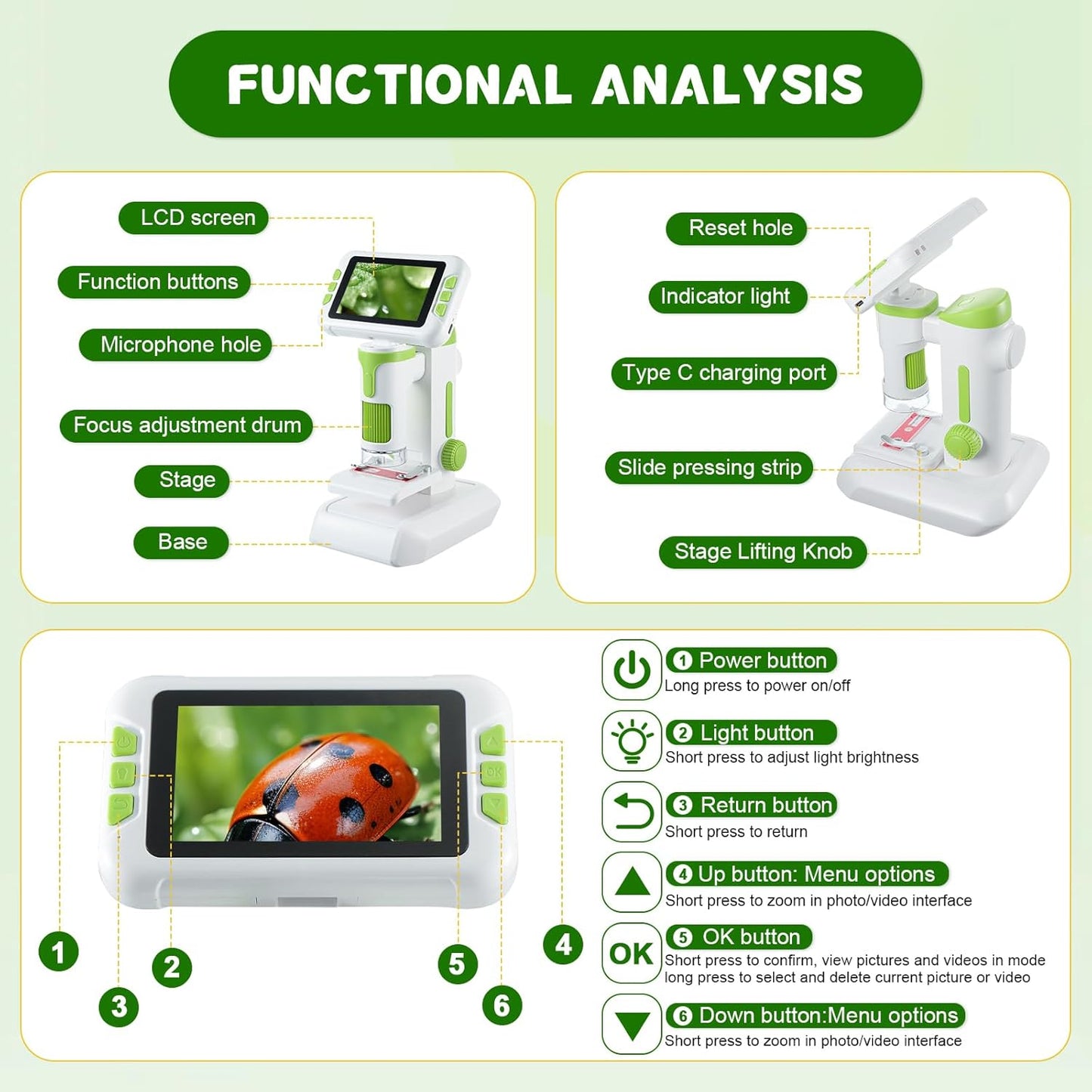 1600X Digital Microscope for Kids, Upgraded Portable Microscope with 4.0 inch HD Screen, 2-in-1 Desktop Handheld Miniscope Rechargeable Student Education Science Microscopes Gift for Kids