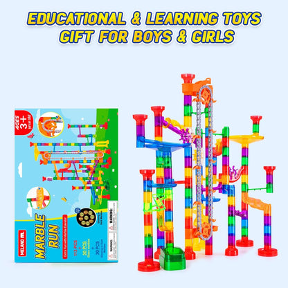 Meland Marble Run - 132Pcs Marble Maze Game Building Toy for Kid, Marble Track Race Set & STEM Learning Toys for Boy Girl Age 3 4 5 6 7 8 9+ (102 Translucent Marbulous Pcs & 30 Glass Marbles)