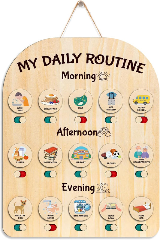 Wooden Chore Chart for Kids - Daily Visual Routine Schedule with 80 Task Cards & Sliding Buttons | Morning & Bedtime Responsibility Board for Toddlers Ages 3-5 | Montessori Educational Gift