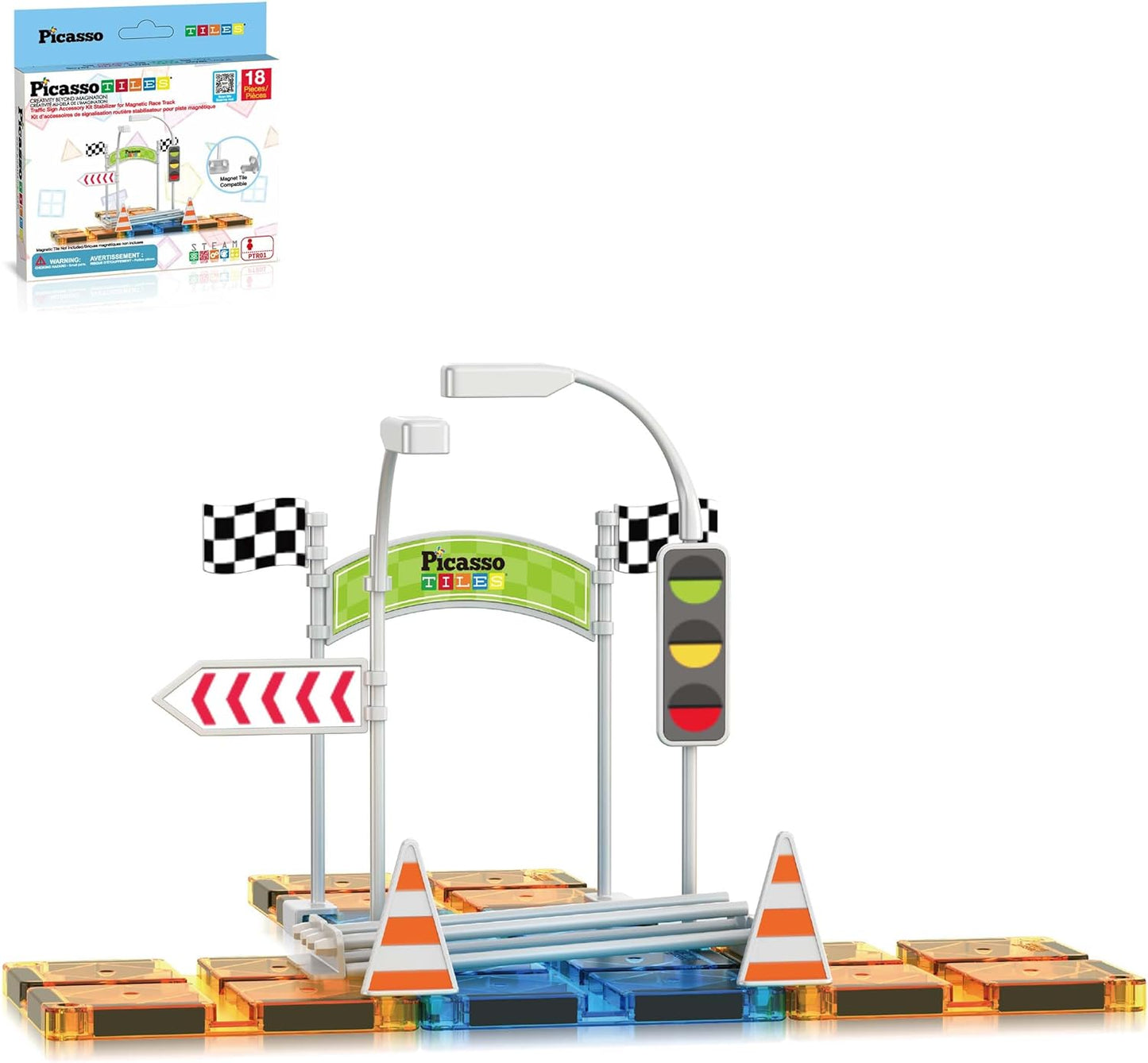PicassoTiles Magnetic Tiles Race Track Car Thrilling Toy Playset Includes 2 Racing Trucks STEM Educational Magnet Tile Building Block Construction Set for Toddlers Boys Girls Ages 3 and Older PTR30
