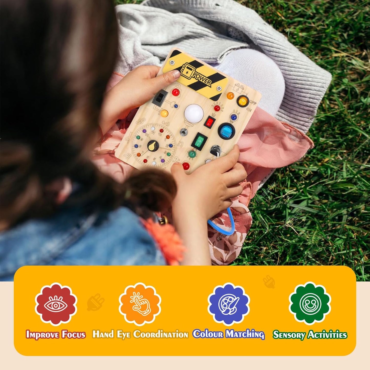 Hoarosall Montessori Wooden Busy Board with 8 LED Light switches, Sensory Toys Light Switch Travel Toys for 1+ Year Old Baby and Toddler