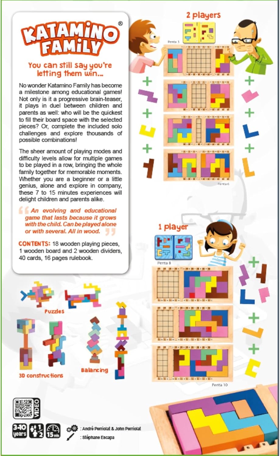 Katamino Family | Wooden Brain Teaser Puzzle Game for Kids and Parents | Educational Board Games for Toddlers and Kids of All Levels | Over 1000 Pentomino Combos | Ages 3+ | 1-2 Players | 10 Min