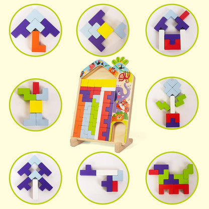 Wooden Puzzle Pattern Blocks Brain Teasers Game, 3D Russian Building Toy Wood Tangram Shape Jigsaw Puzzles Montessori STEM Educational Toys Gift for Kids
