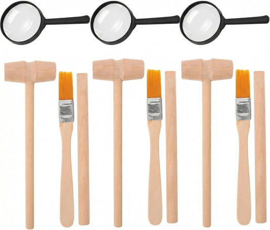 Archaeological Excavation Tools for Kids: 3 Sets Dinosaur Fossil Digging Kits with Mini Hammer Chisel Brush Scraper and Magnifier Science Kits for Dino Eggs and Gem Dig