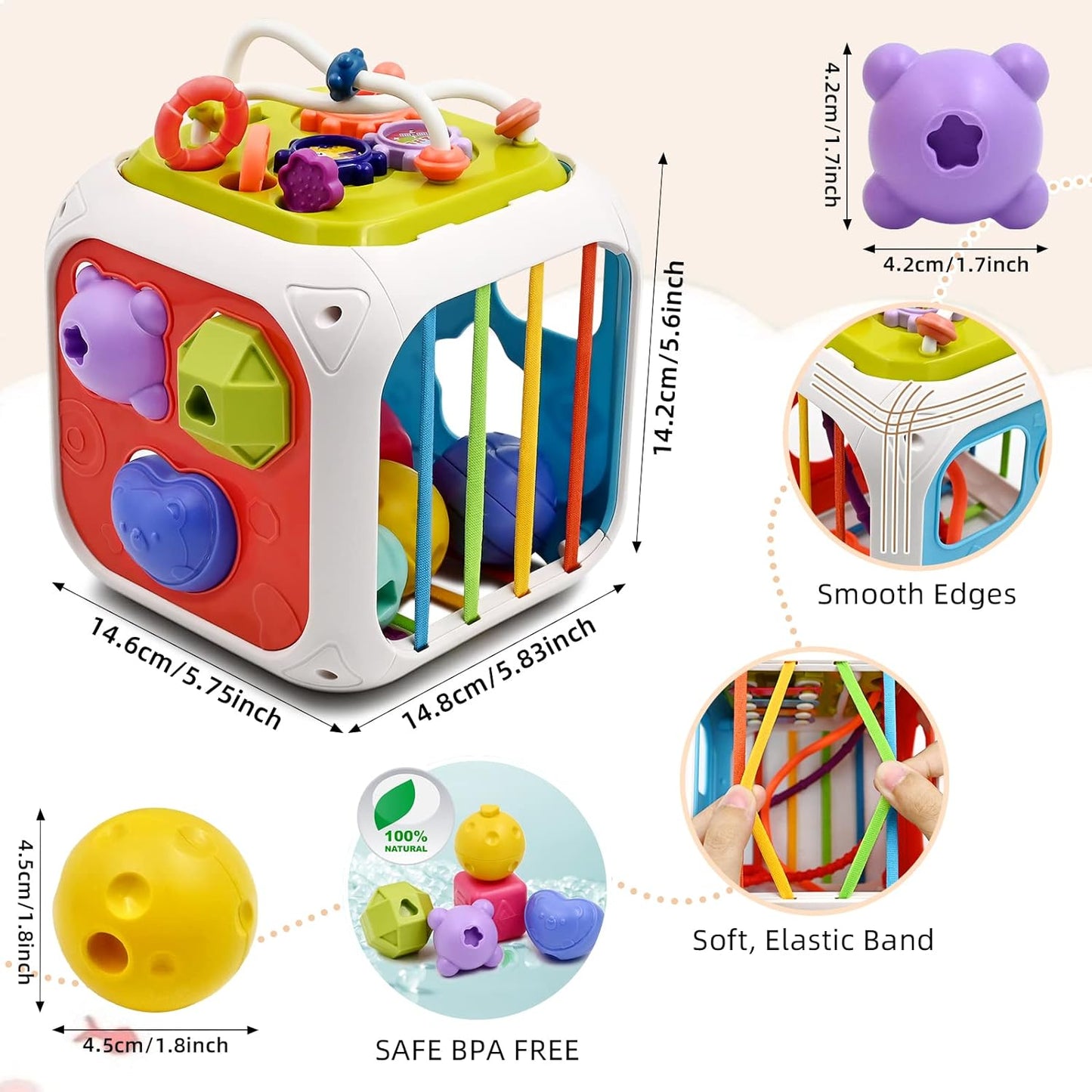 AiTuiTui Baby Sensory Montessori Activity Toys for 1 2 Year Old Boy Girl, Early Learning Develop Shape Sorter Cube with Soft Textured Balls for Infants Toddler Birthday or Easter Gifts