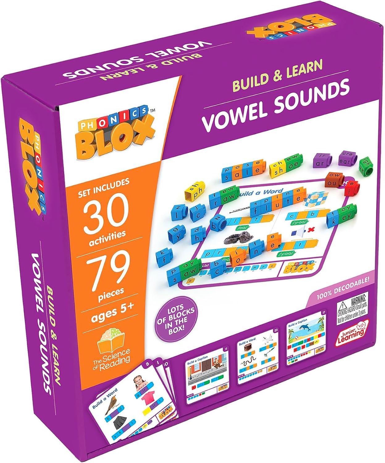 Junior Learning: Rainbow Phonics Blox: Vowel Sounds - Phase 5 - Build & Learn, 30 Activity Cards, Color Coded Blocks, Reading Development, Kids 5+