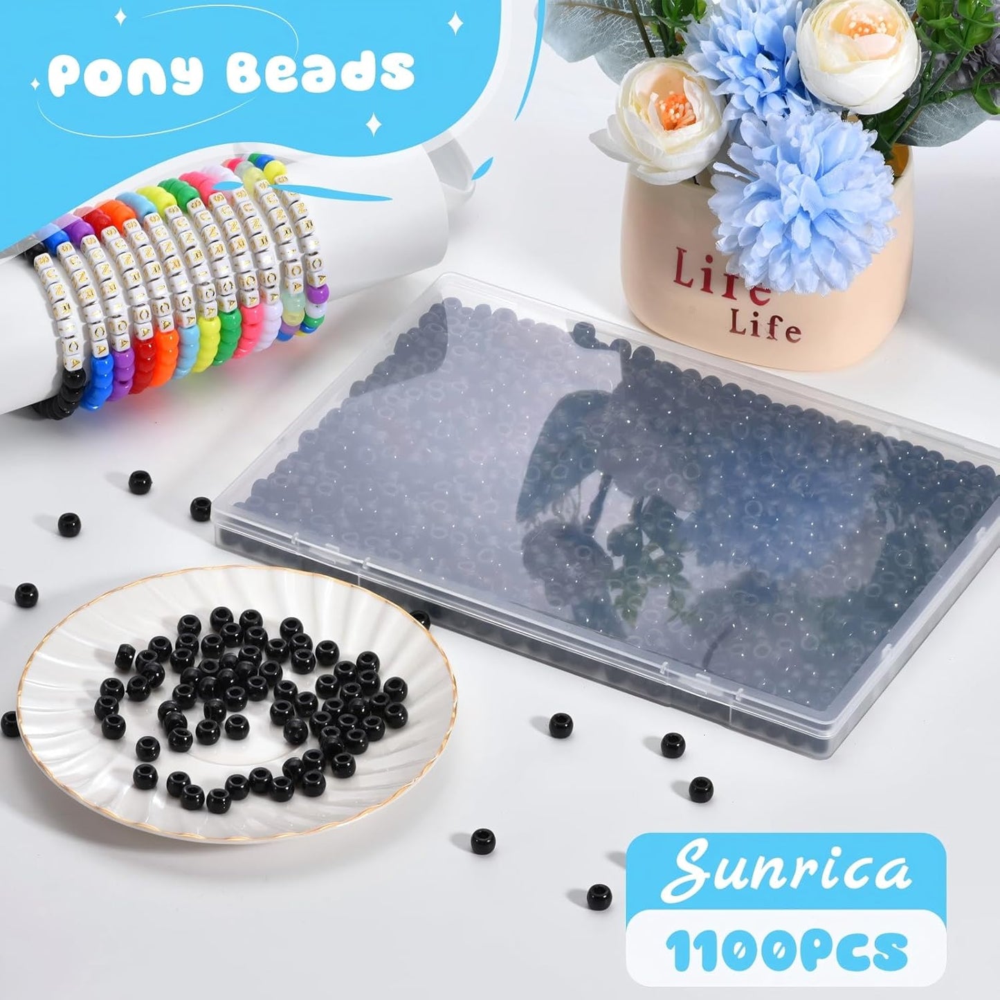 1100Pcs Red Pony Beads 6x9mm Large Hole Plastic Hair Beads for Braids, Kandi Bracelets, Keychains, Jewelry Making