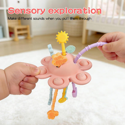 Food Grade Silicone Pull String Baby Toy, Montessori Pull String Sensory Toy for 18 Months Babies Teething Toys (Navy Blue)
