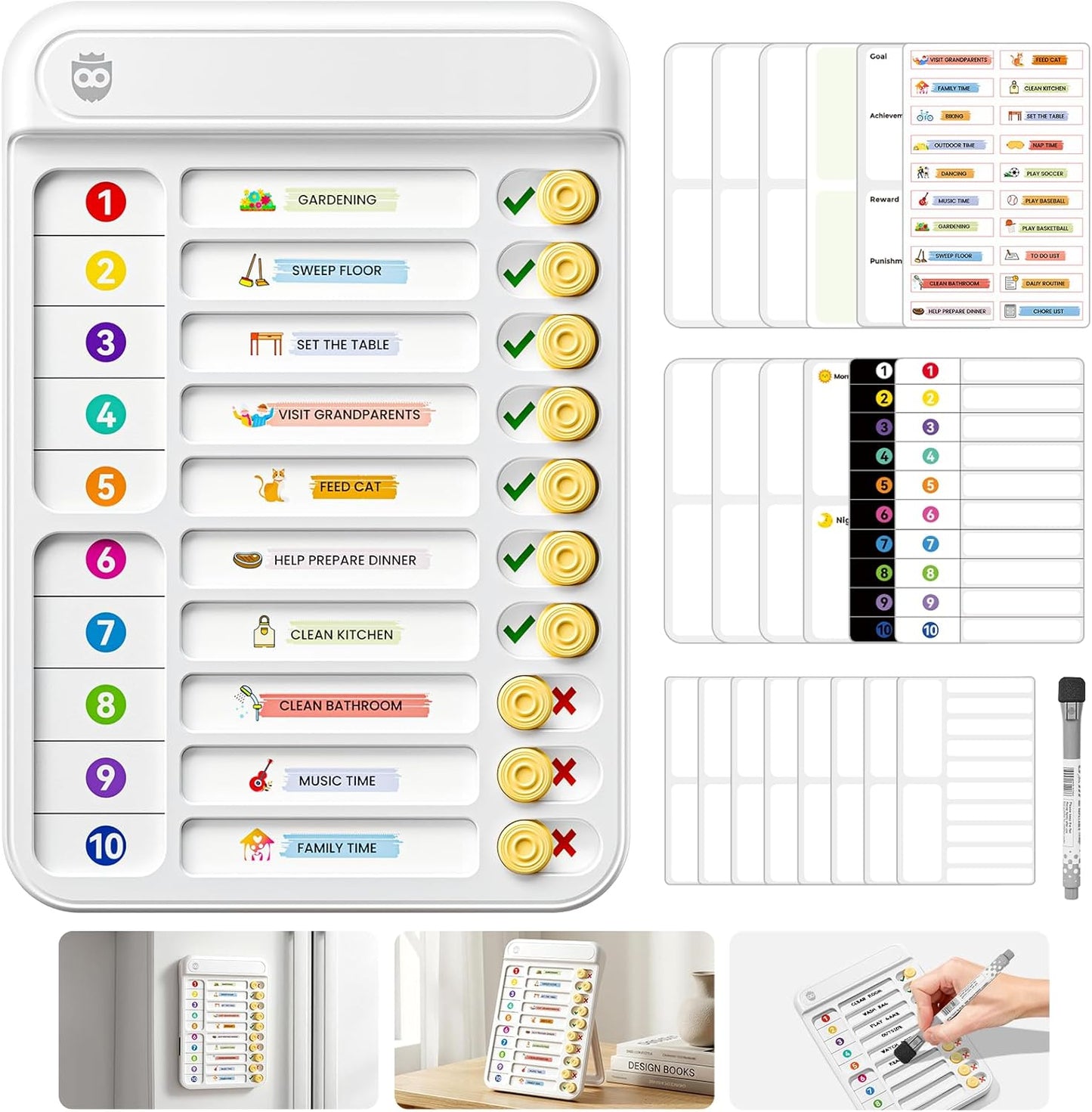 Magnetic Chore Chart for Kids, ADHD Tools for Kids to Do List Checklist Task Board Routine Chart Visual Schedule for Fridge with 10 Sliders and Magnetic Marker - White