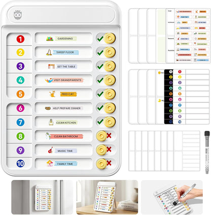 Magnetic Chore Chart for Kids, ADHD Tools for Kids to Do List Checklist Task Board Routine Chart Visual Schedule for Fridge with 10 Sliders and Magnetic Marker - White