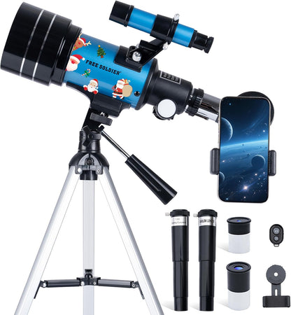 FREE SOLDIER Telescope for Kids 70mm Aperture Astronomical Refractor Telescopes for Beginners (15X-150X) 300mm Telescope for Adults High Powered with A Phone Adapter & A Wireless Remote (White)