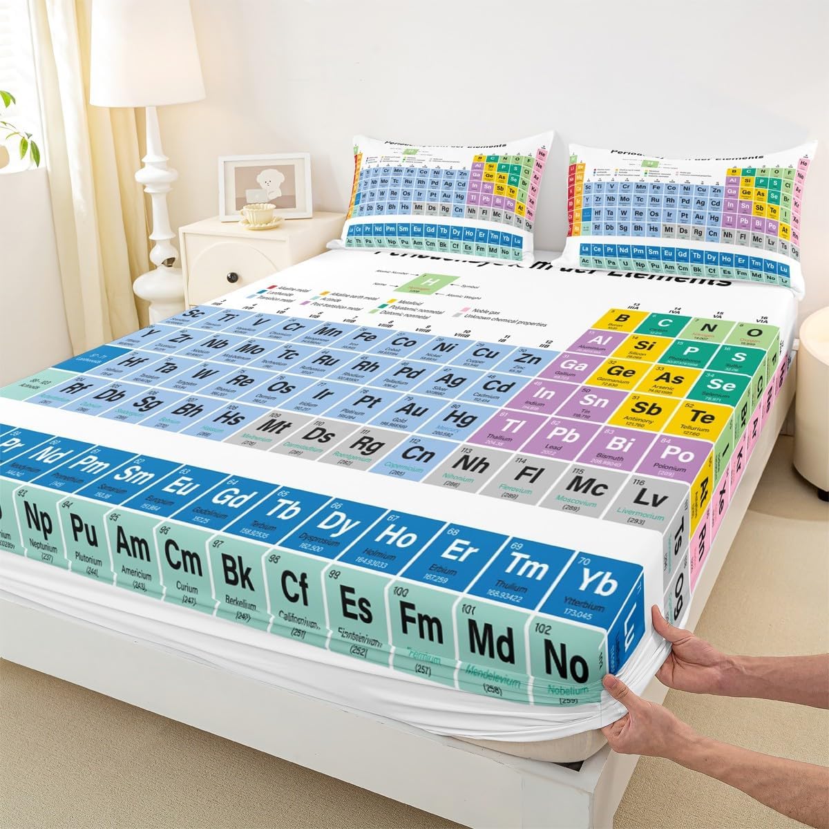 Kids Periodic Table of Elements Bed Sheet Set Educational Fitted Sheet for Kids Boys Girls Teens Study Bedding Set Chemistry Bed Cover 2Pcs Twin Size