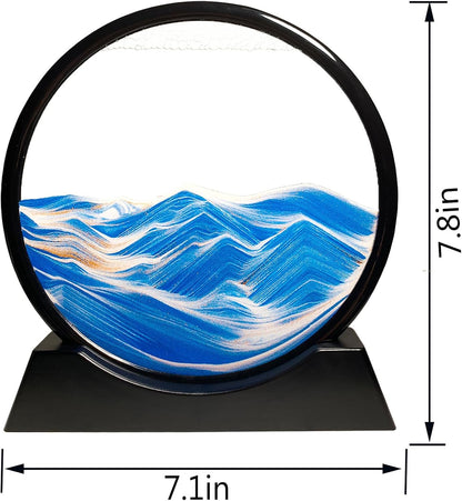 HYUGF 12" Moving Sand Art Picture Ocean Decor - 3D Deep Sea Sandscape Liquid Motion, Round Glass Frame Display Flowing Sand Relaxing Gift for Kids Adults Home Office Work Desktop Decoration Toy, Blue