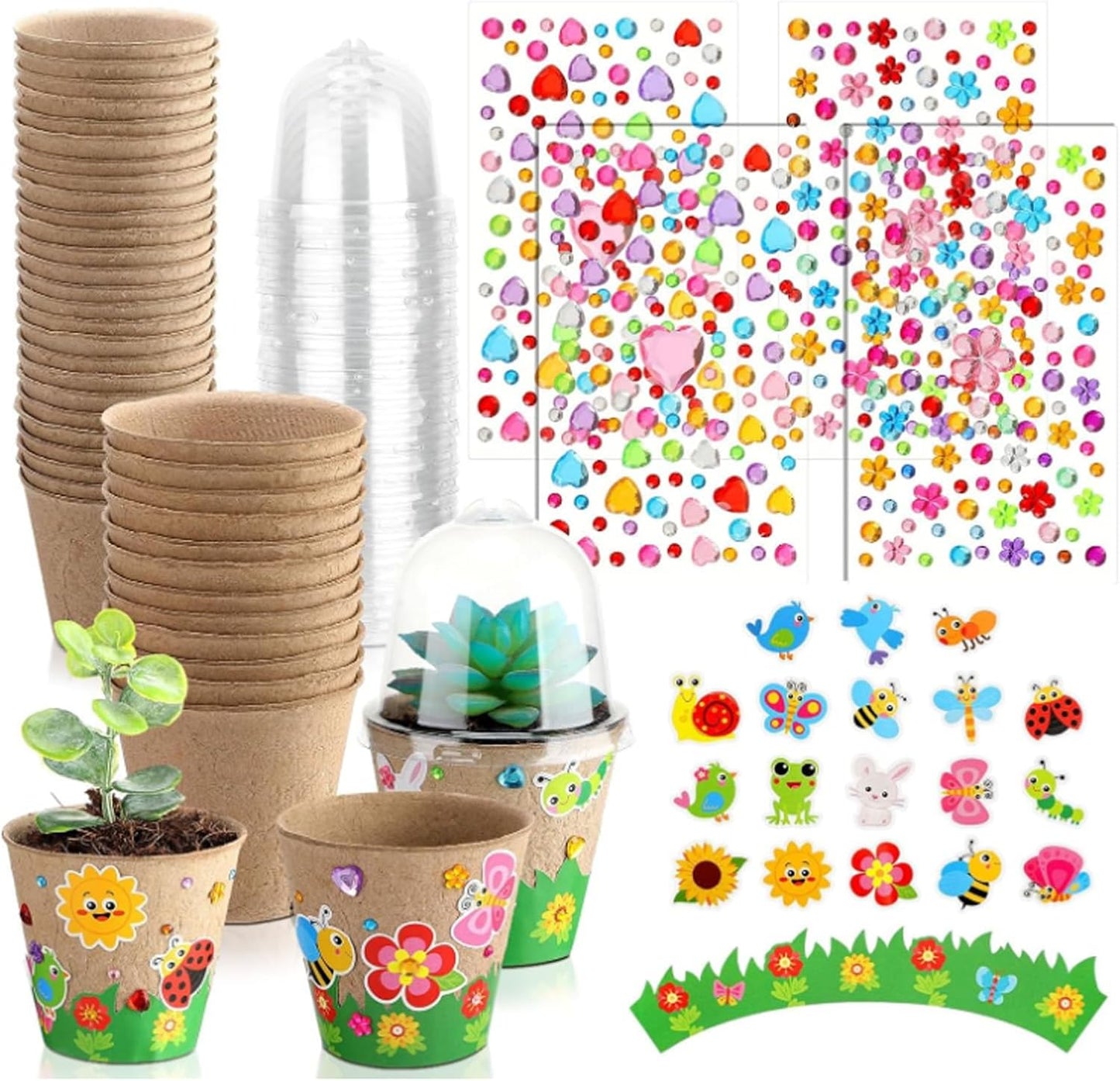 Motipuns Mother's Day Garden Paper Pot Craft Kit Include Plant Flower Peat Pots with Domes 4 Sheet Rhinestones Jewels Stickers and Adhesive Spring Stickers Set for DIY Craft Gifts