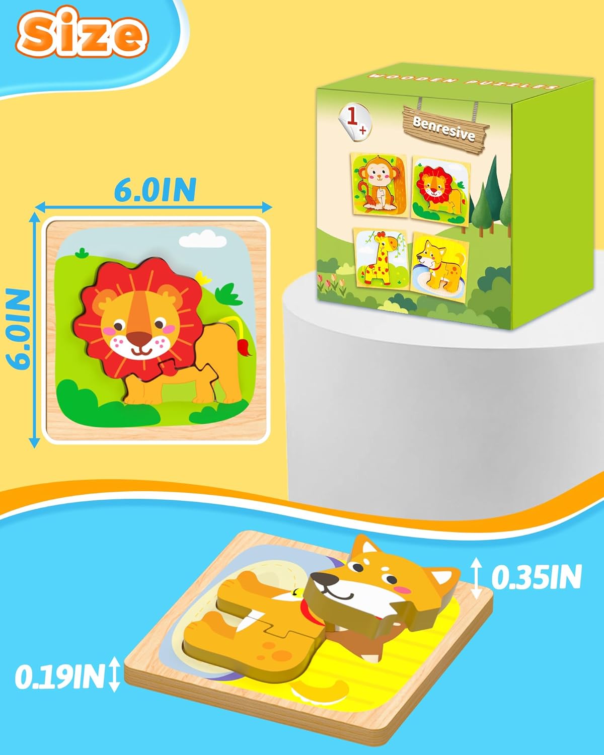 Benresive Wooden Toddler Puzzles, 6pcs Animal Montessori Toys for 1-3 Year Old Boys & Girls, Learning Educational Preschool Toys, Great Gifts for 1 2 3 Year Olds