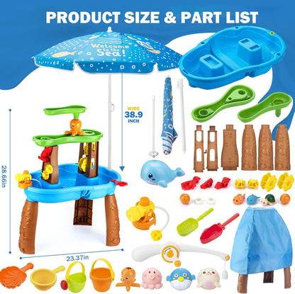 Water Table for Toddlers 3-5 Outdoor Toys for Kids Ages 4-8 3-Tier Kids Sand Water Tables with Fishing Game Set Activity Sensory Table Summer Gift Beach Outside Toys for Toddler Boys