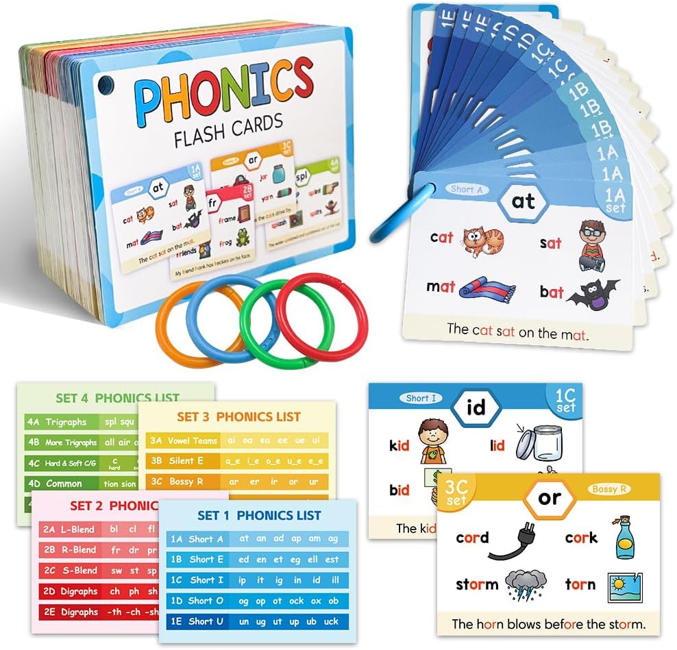 118 Phonics 65 Double-Side Flash Cards, Learn to Read in 20 Stages, CVC Digraphs Trigraph Blends Long Vowel Sounds, Phonemic Awareness, Vocabulary Building