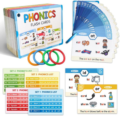 118 Phonics 65 Double-Side Flash Cards, Learn to Read in 20 Stages, CVC Digraphs Trigraph Blends Long Vowel Sounds, Phonemic Awareness, Vocabulary Building