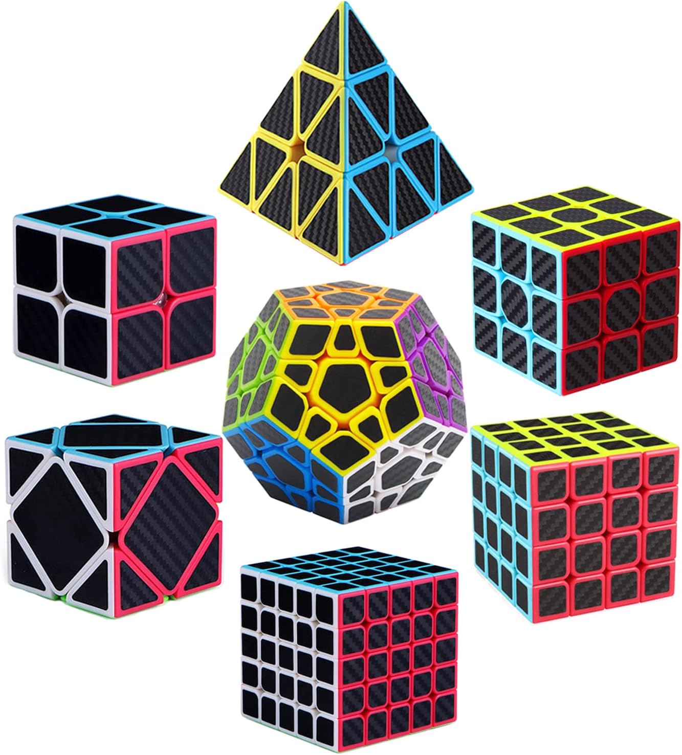 Roxenda Speed Cube Set, Speed Cube Pack of 2x2 3x3 4x4 5x5 Megaminx Skew Cube and Pyramid Cube Carbon Fiber Sticker Smoothly Magic Cubes Collection for Kids Teens & Adults [7 Pack]