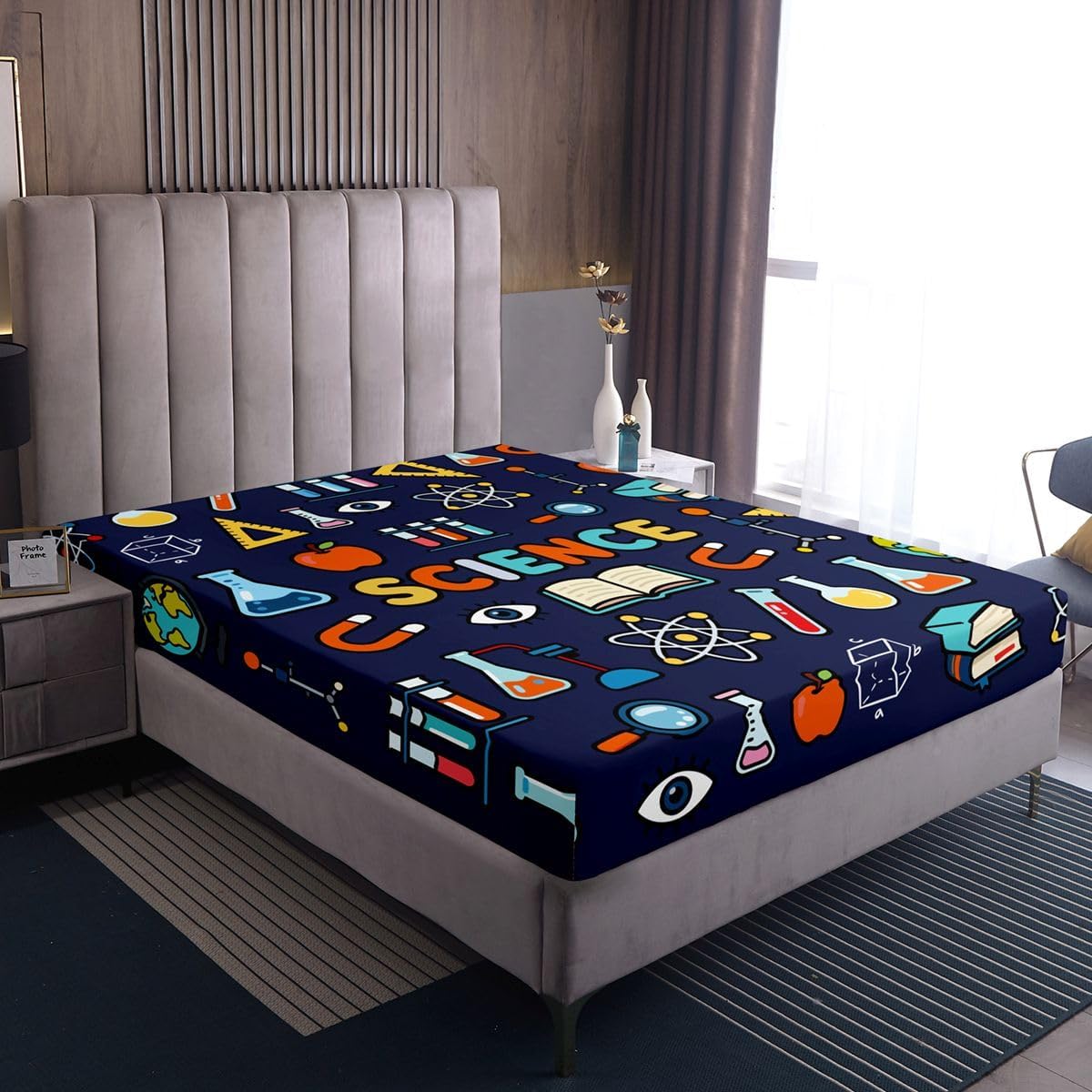 Erosebridal Chemistry Lab Fitted Sheet Twin Size Chemical Equation Bed Sheets for Boys Girls Chemical Elements Science Theme Bed Set Teens Kids Science Students Bedding Set School Dorm Room Decor
