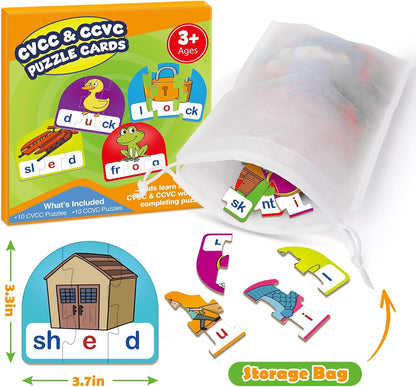 CVCC & CCVC Puzzle Cards for Kids,Phonics Games,Speech Therapy Toys for Toddlers,3 Alphabet Letter Word Puzzle,Learning Reading Spelling Games,Preschool Kindergarten Classroom Must Haves