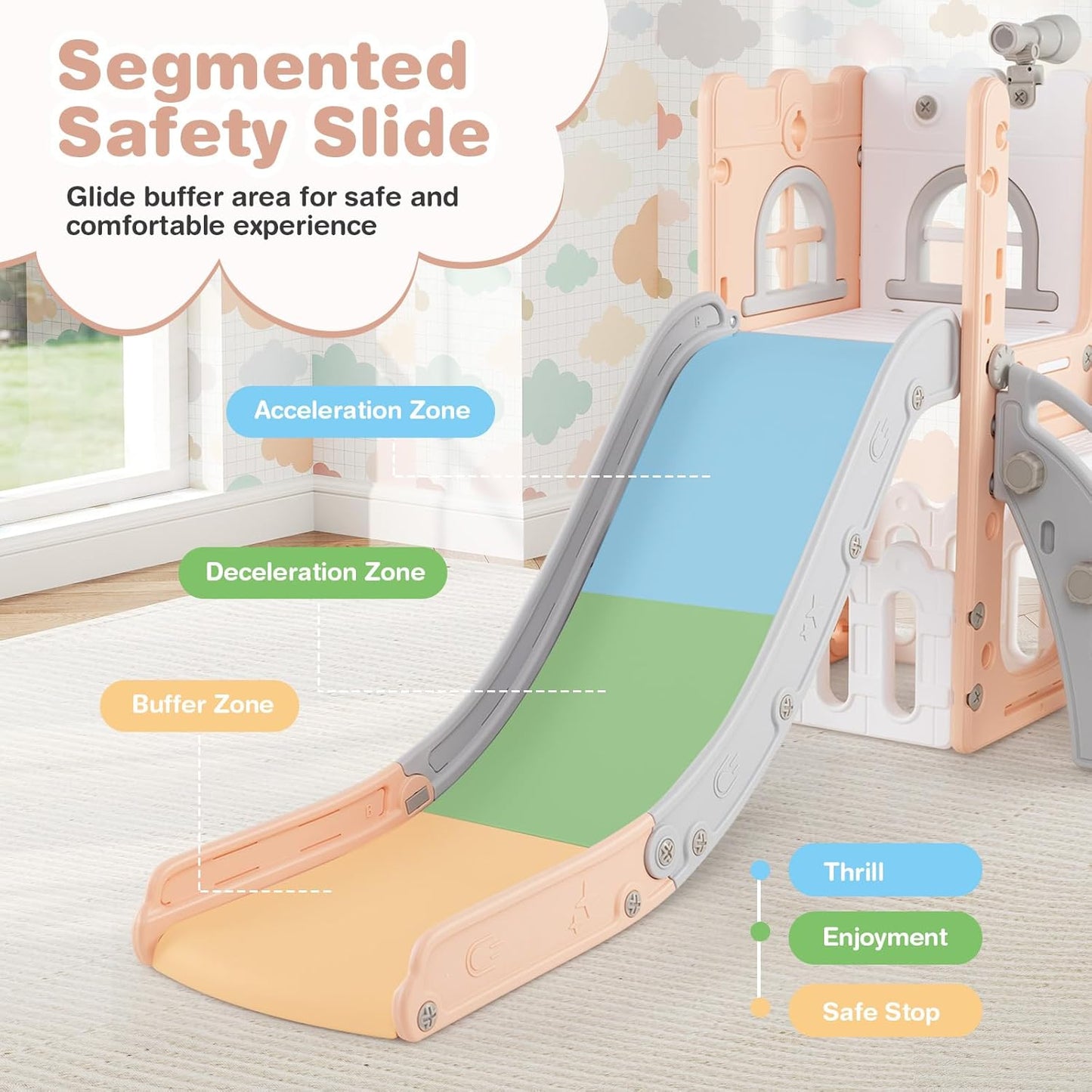 HONEY JOY Toddler Slide, 6 in 1 Freestanding Slide for Kids, Indoor Outdoor Castle Climber Playset Gym w/Basketball Hoop, Ball, Telescope, Storage, Playground Baby Slide for Boys Girls (Blue)